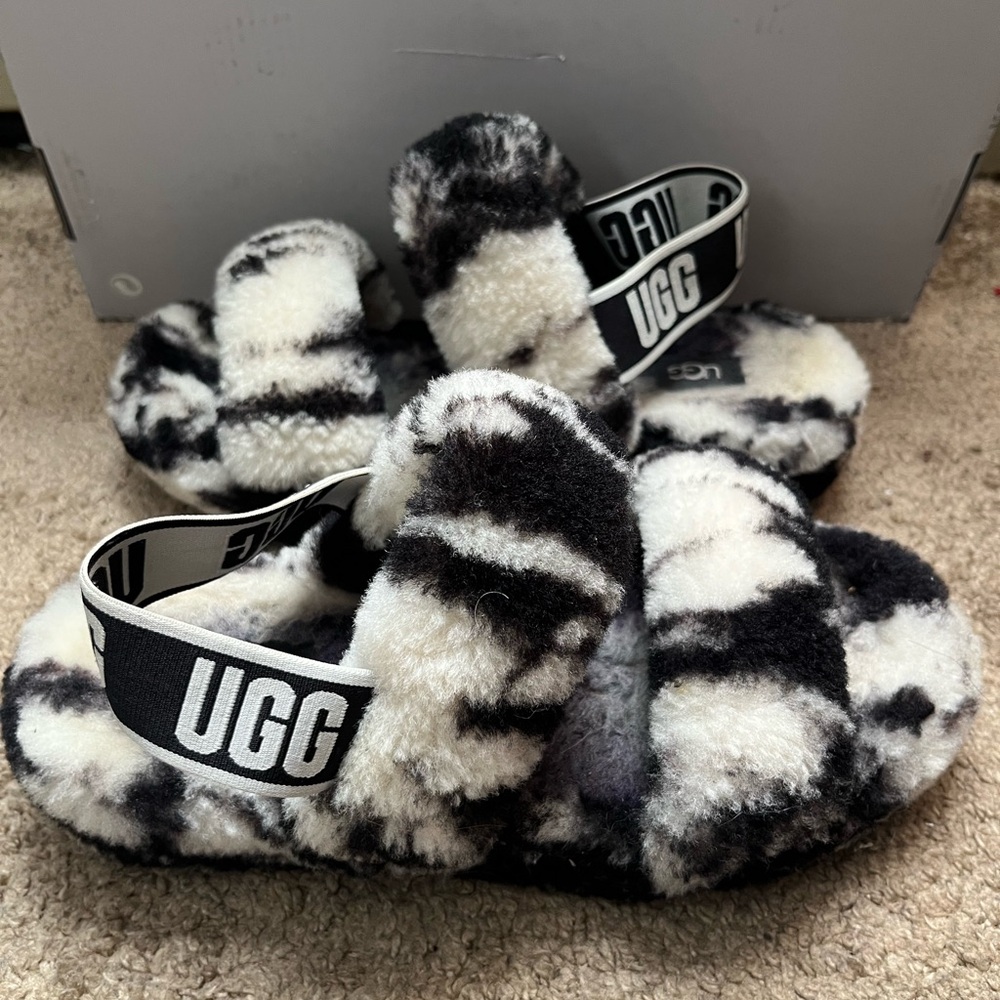 UGG Black and White Fluffy Slippers